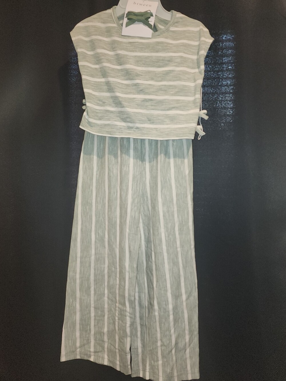 btween Sage Green and White Striped Top with Bow Pin